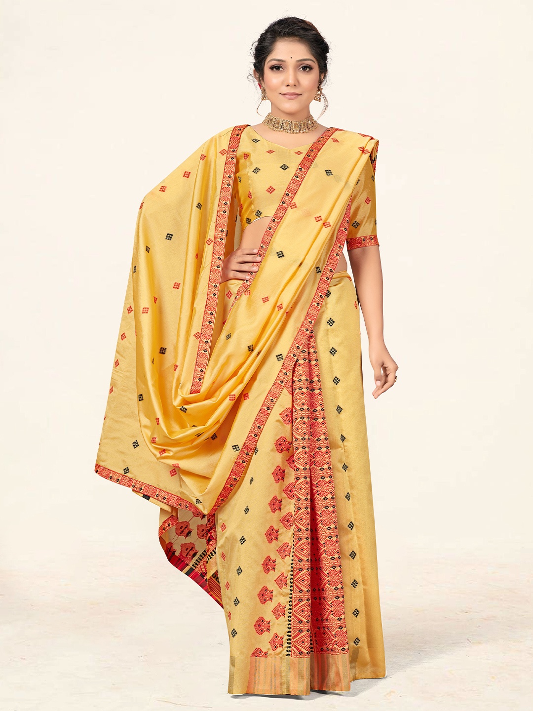 KALINI Ethnic Motifs Woven Design Banarasi Saree, Yellow