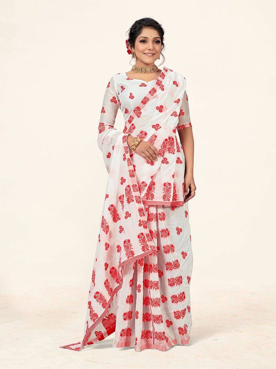 

KALINI Floral Woven Design Mekla Chador Banarasi Saree, White