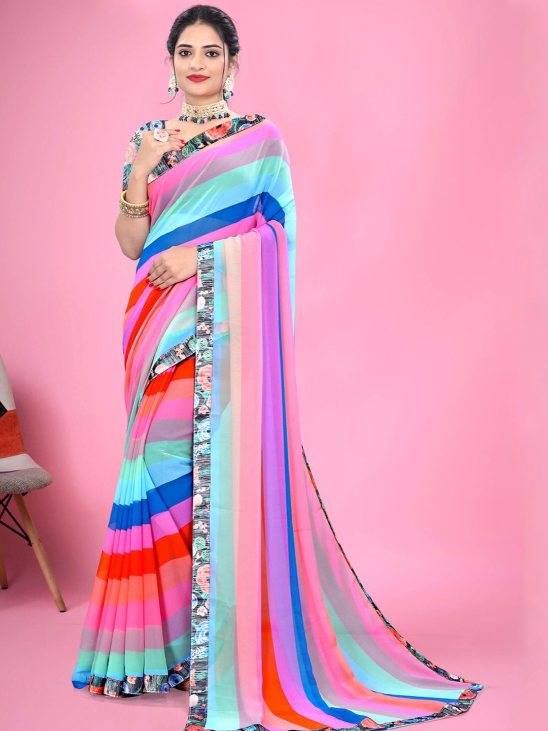 

MAGMINA Striped Pure Georgette Banarasi Saree, Blue