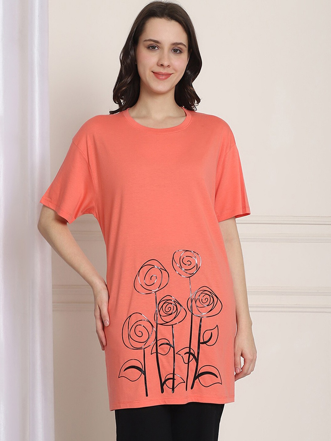 

Kanvin Orange & Black Printed Round Neck Lounge Tshirts