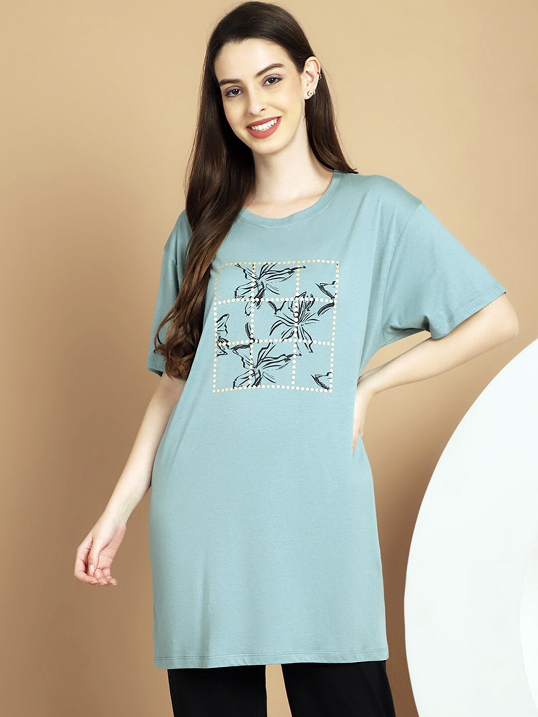 

Kanvin Green & Black Printed Round Neck Lounge Tshirts