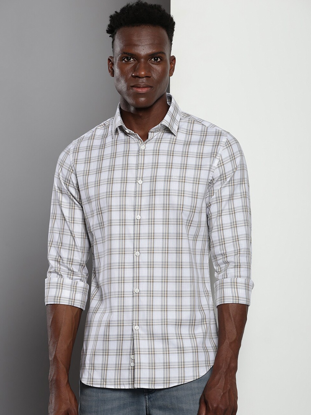 

Calvin Klein Jeans Spread Collar Slim Fit Tartan Checked Casual Cotton Shirt, White