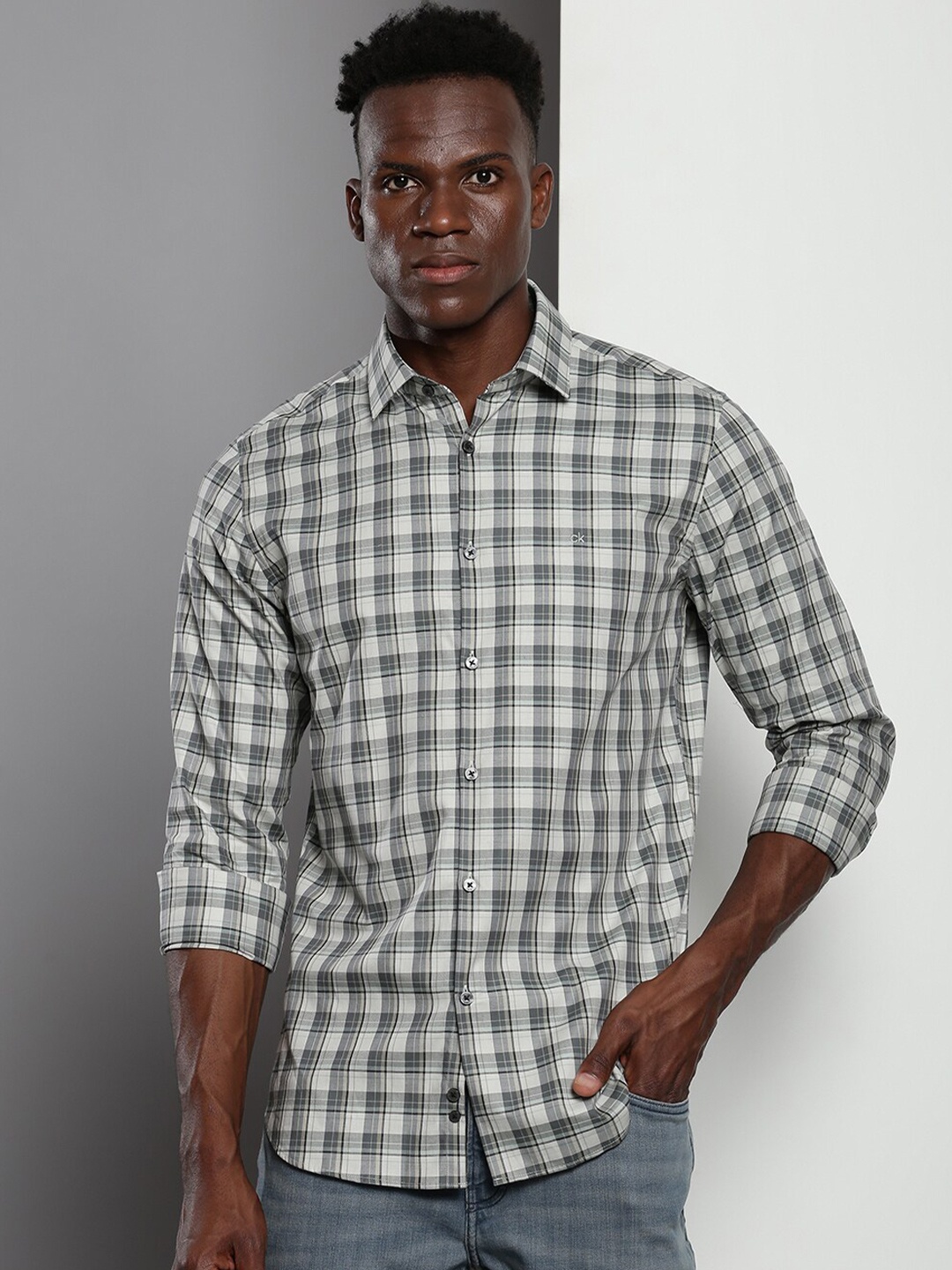 

Calvin Klein Jeans Spread Collar Slim Fit Checked Casual Pure Cotton Shirt, Grey