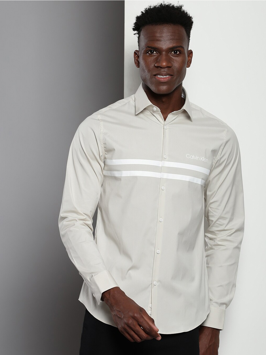 

Calvin Klein Spread Collar Slim Fit Casual Cotton Shirt, Beige