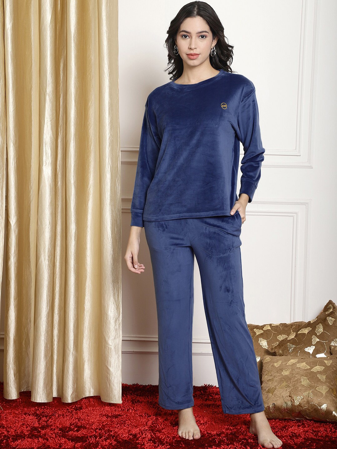 

Aerowarm Round Neck Velvet Night Suit, Navy blue