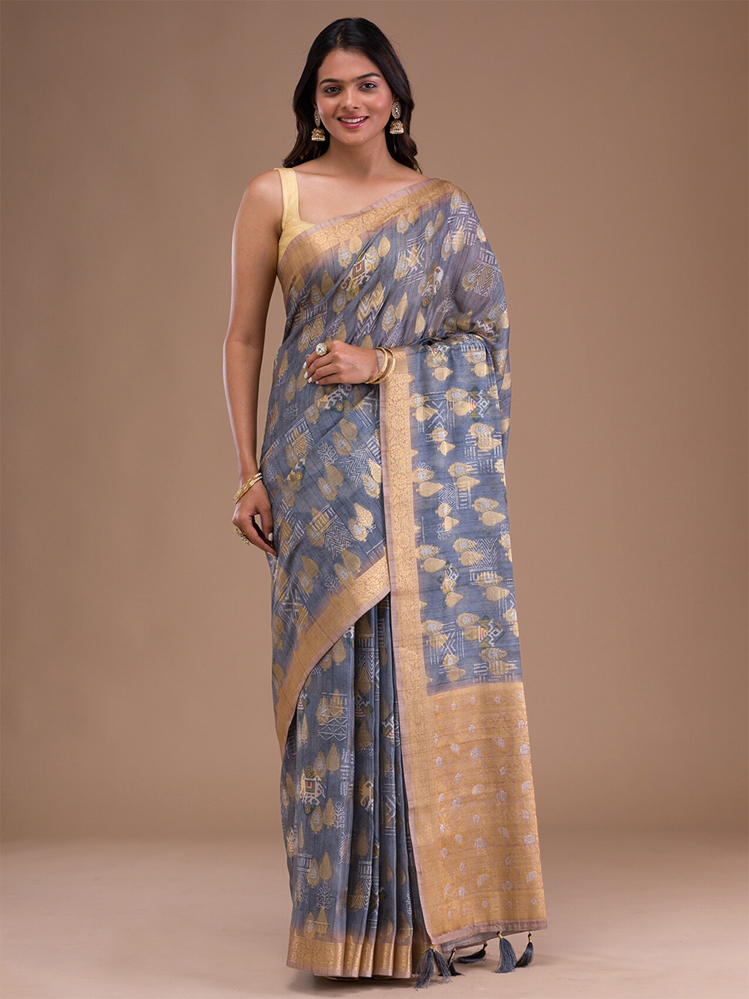 

Koskii Ethnic Motifs Woven Design Zari Tissue Saree, Grey