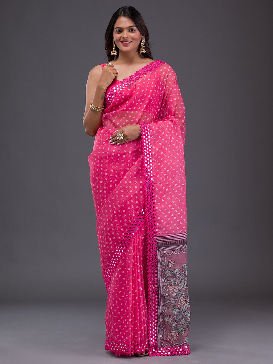 

Koskii Bandhani Printed Mirror Work Satin Saree, Pink