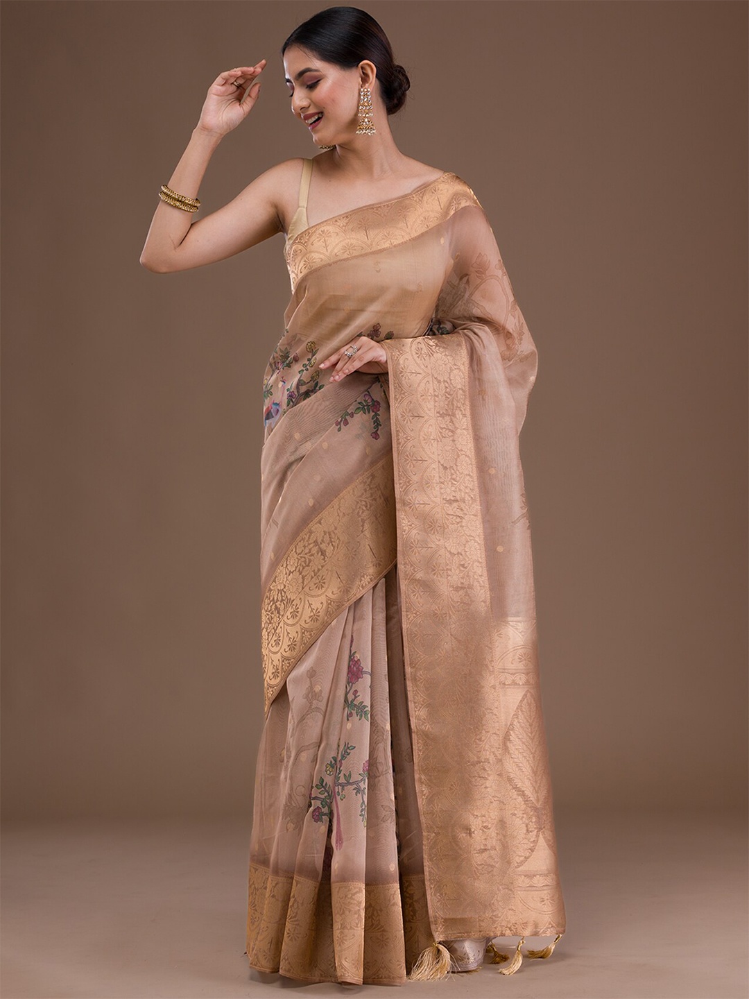 

Koskii Floral Printed Zari Tissue Saree, Brown