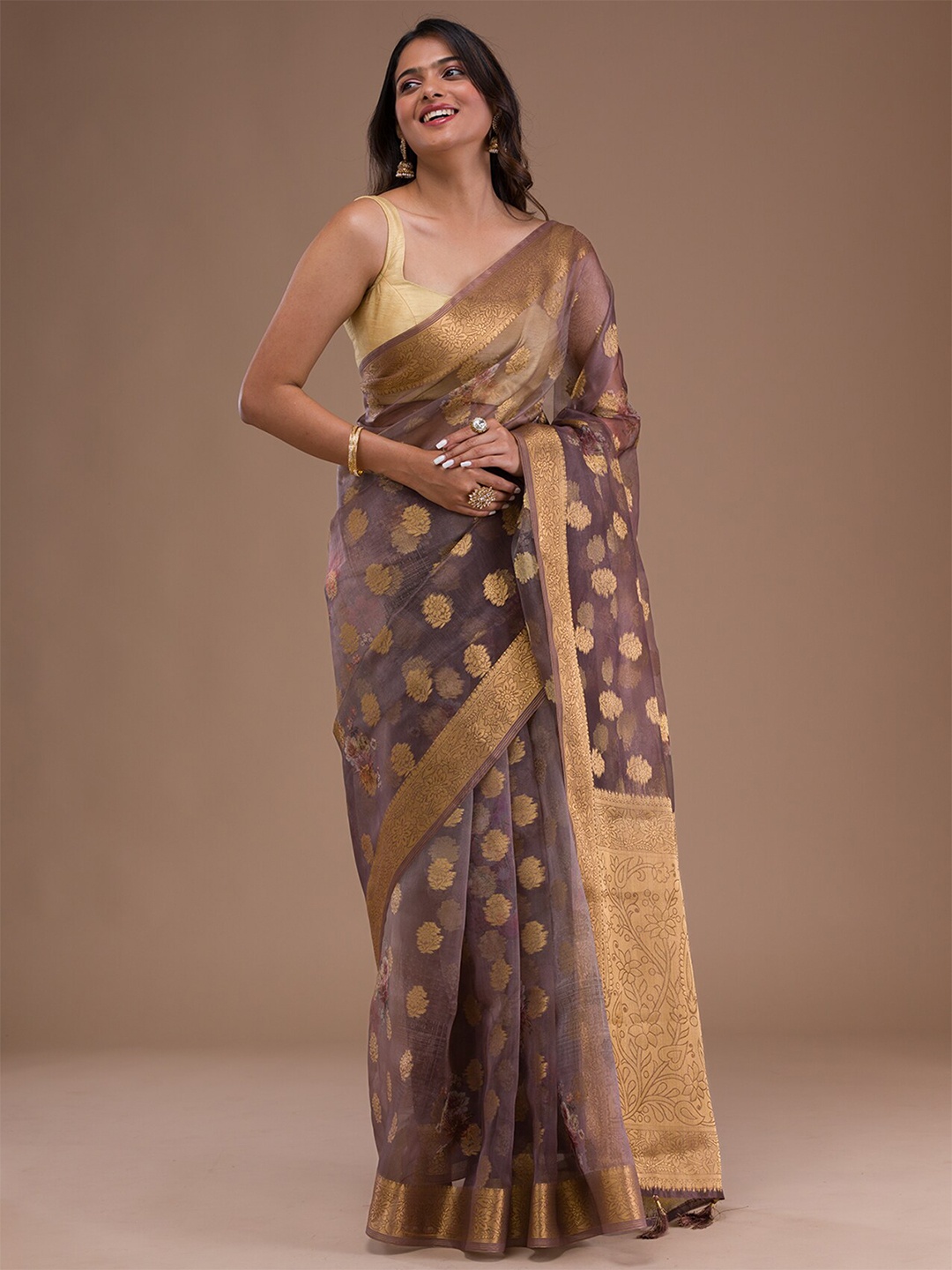 

Koskii Ethnic Motifs Woven Design Zari Tissue Saree, Brown