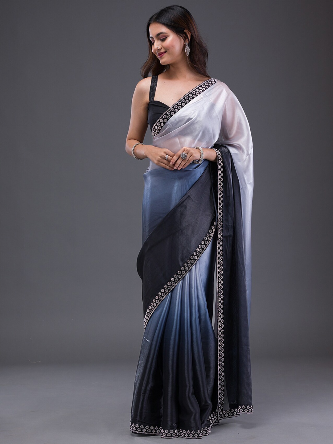 

Koskii Ombre Beads & Stones Satin Saree, Grey