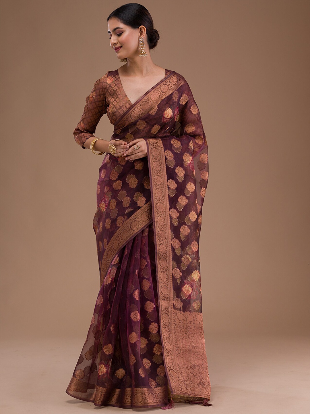

Koskii Ethnic Motifs Woven Design Zari Tissue Saree, Purple