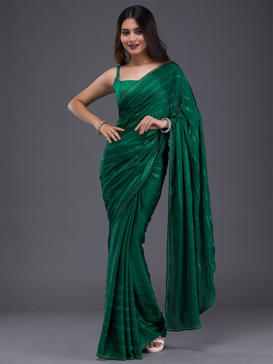 

Koskii Striped Embellished Beads & Stones Satin Saree, Green