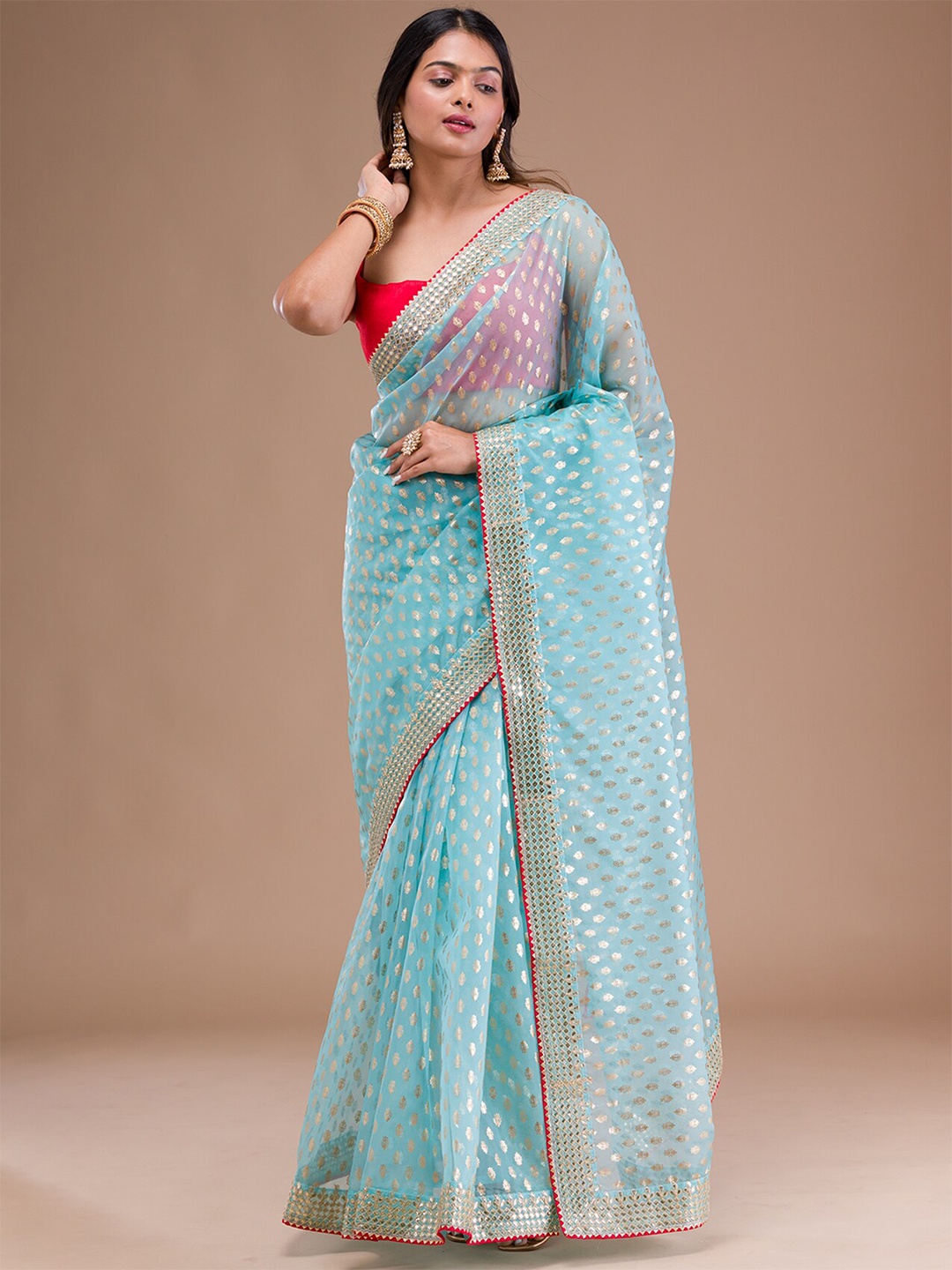 

Koskii Ethnic Motifs Sequinned Tissue Saree, Blue