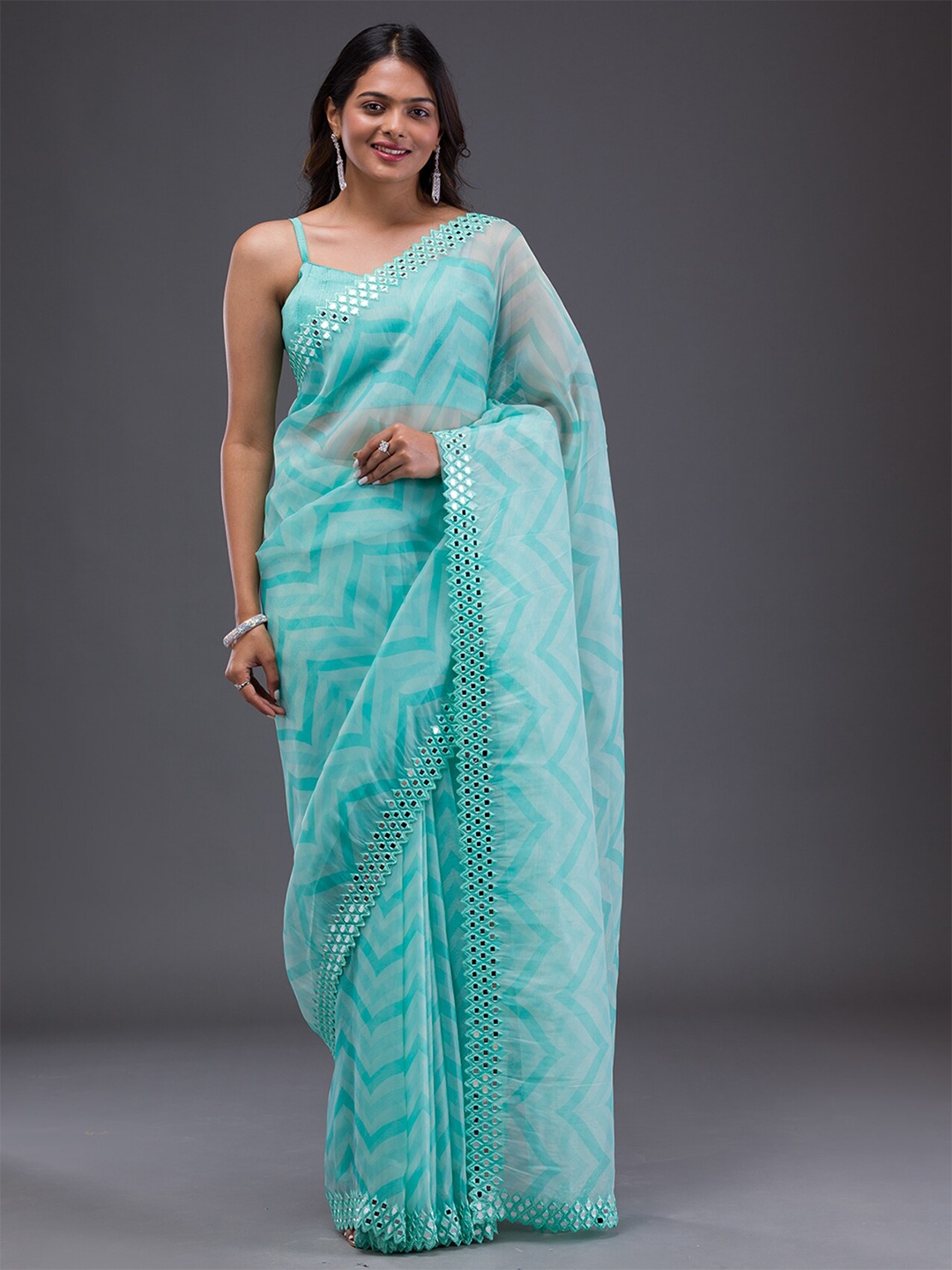 

Koskii Geometric Printed Mirror Work Satin Saree, Green