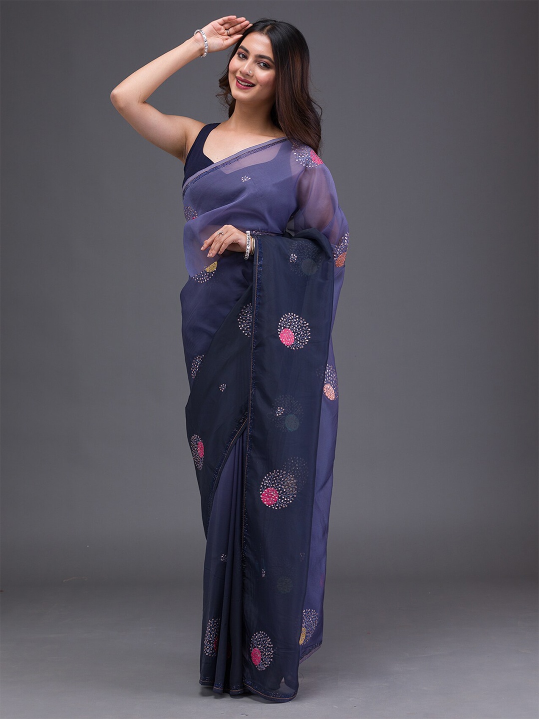 

Koskii Floral Embellished Sequinned Satin Saree, Blue