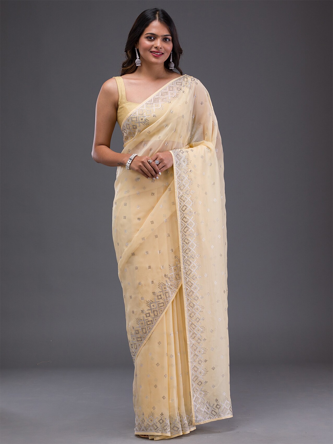 

Koskii Geometric Embellished Beads & Stones Satin Saree, Yellow