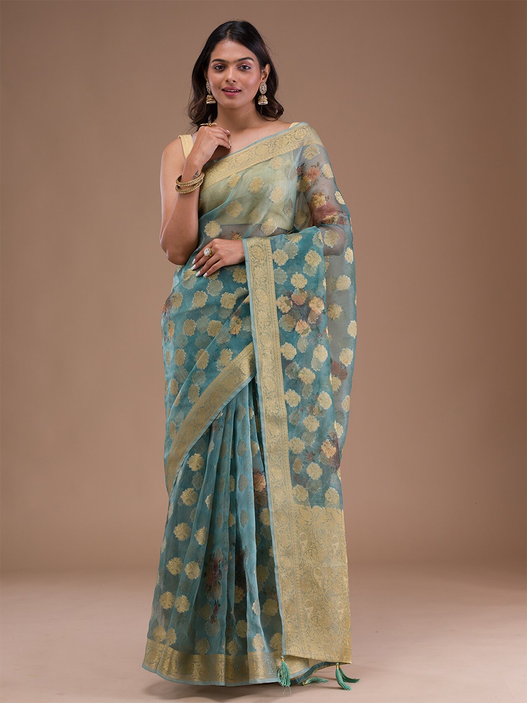 

Koskii Ethnic Woven Design Zari Tissue Saree with Tassels, Green