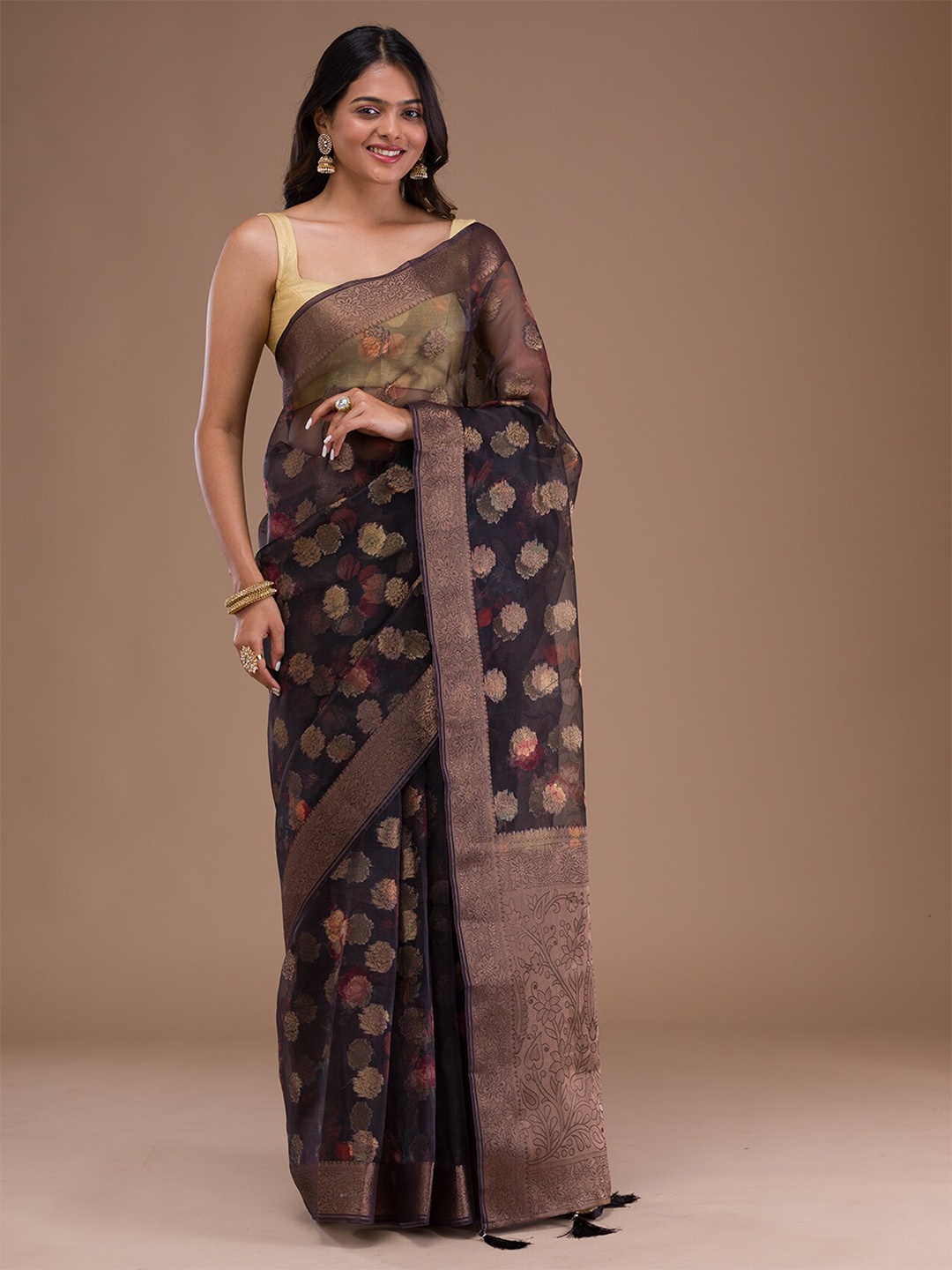

Koskii Ethnic Woven Design Zari Tissue Saree with Tassels, Brown