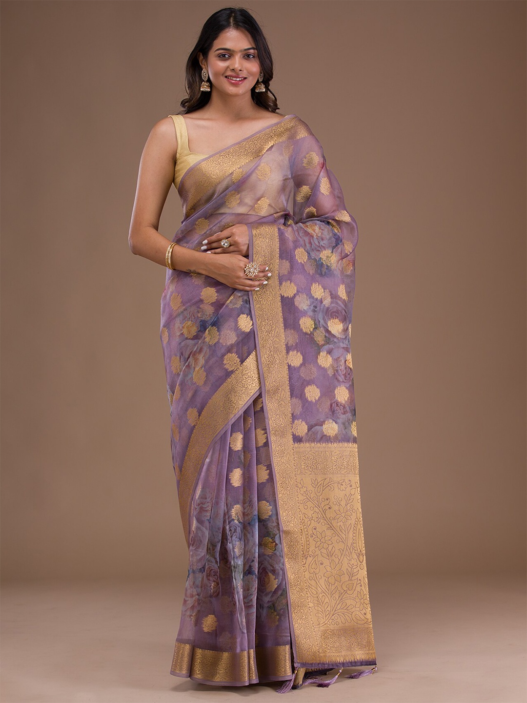 

Koskii Ethnic Woven Design Zari Tissue Saree with Tassels, Lavender