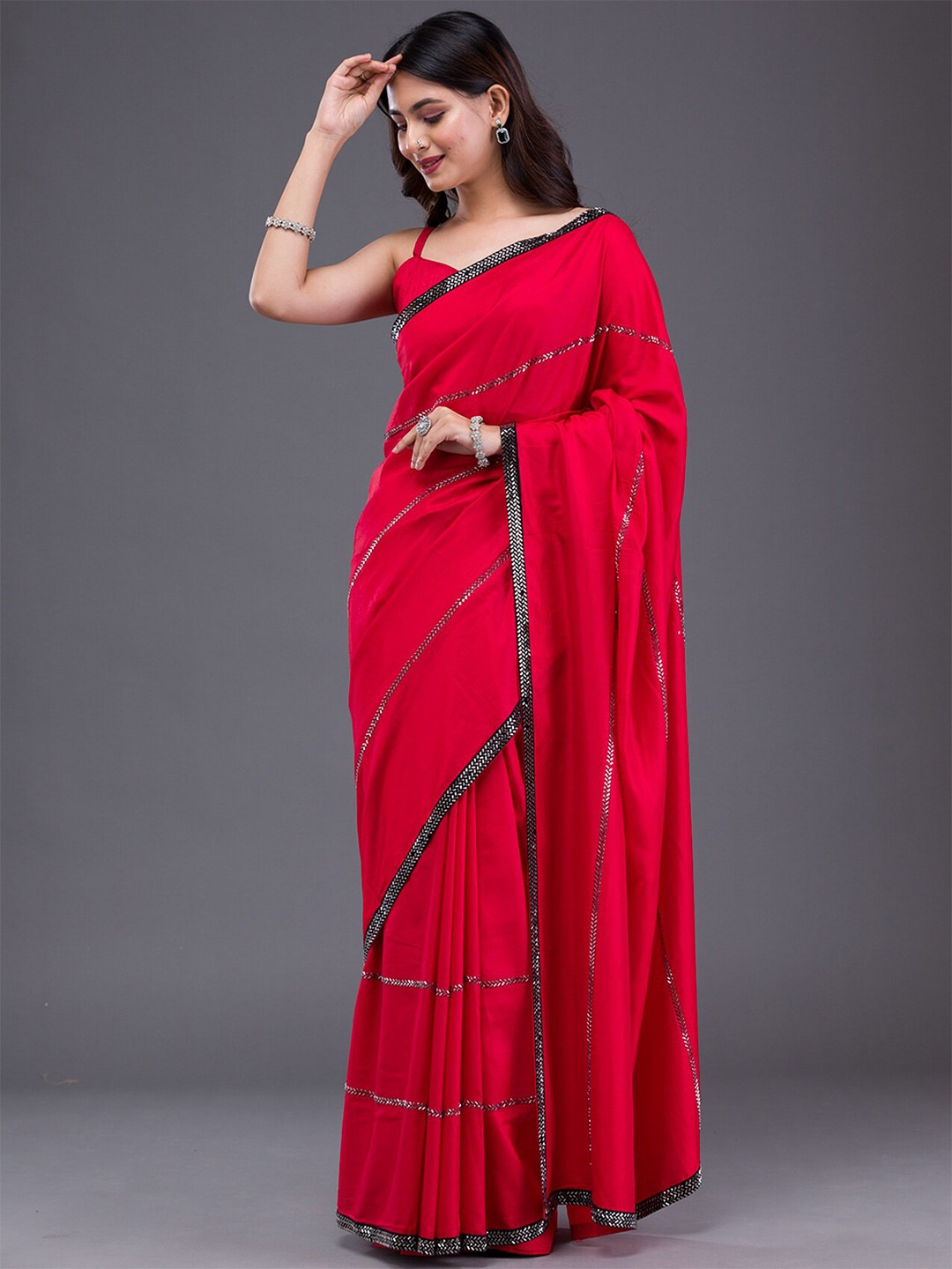 

Koskii Embellished Beads and Stones Satin Saree, Red