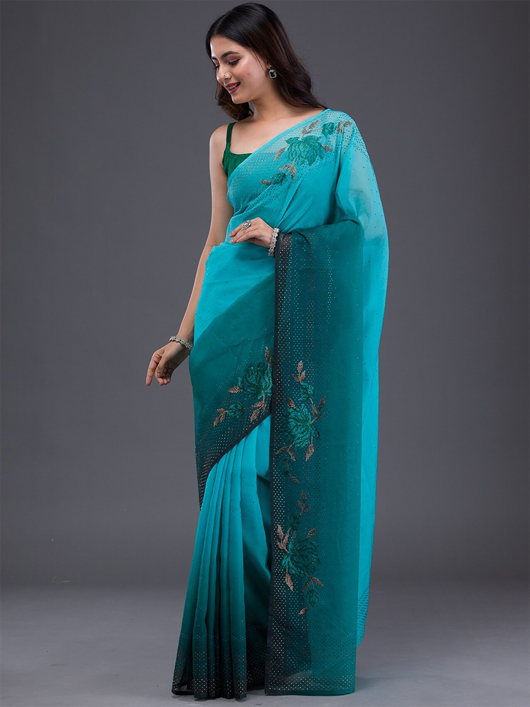 

Koskii Embellished Beads and Stones Satin Saree, Blue