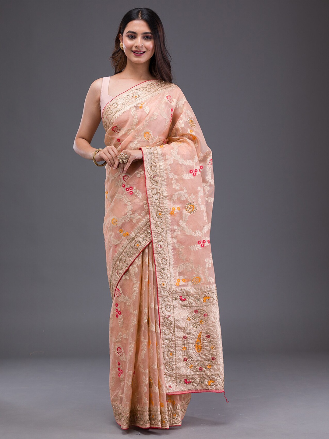

Koskii Floral Beads and Stones Tissue Saree with Tassels, Peach