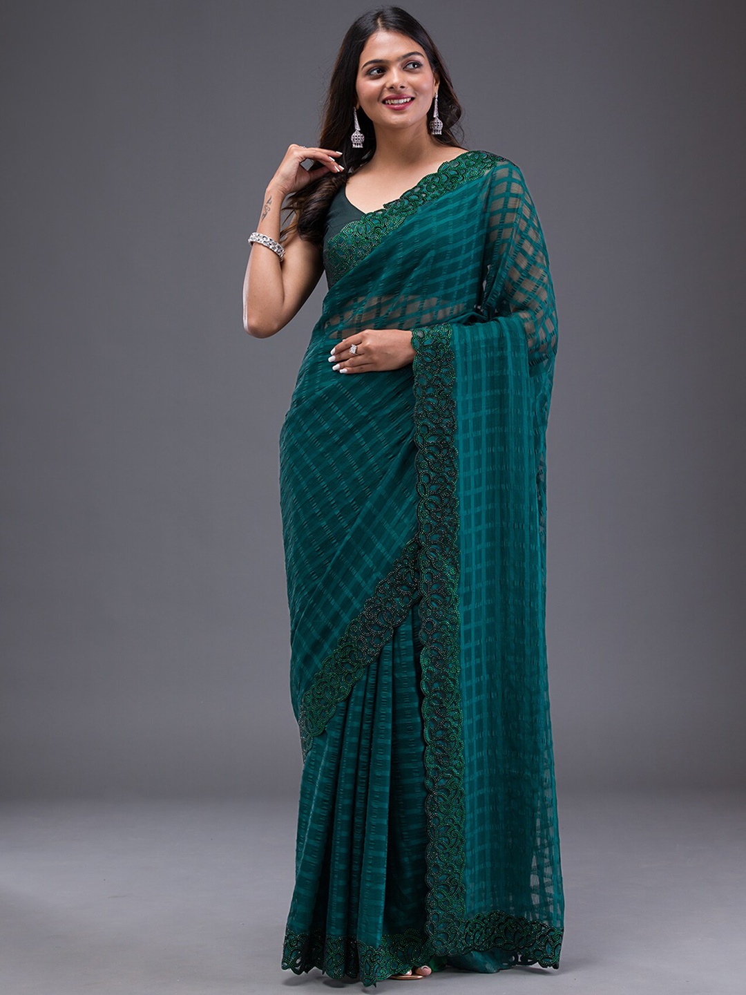 

Koskii Embellished Beads and Stones Satin Saree, Green