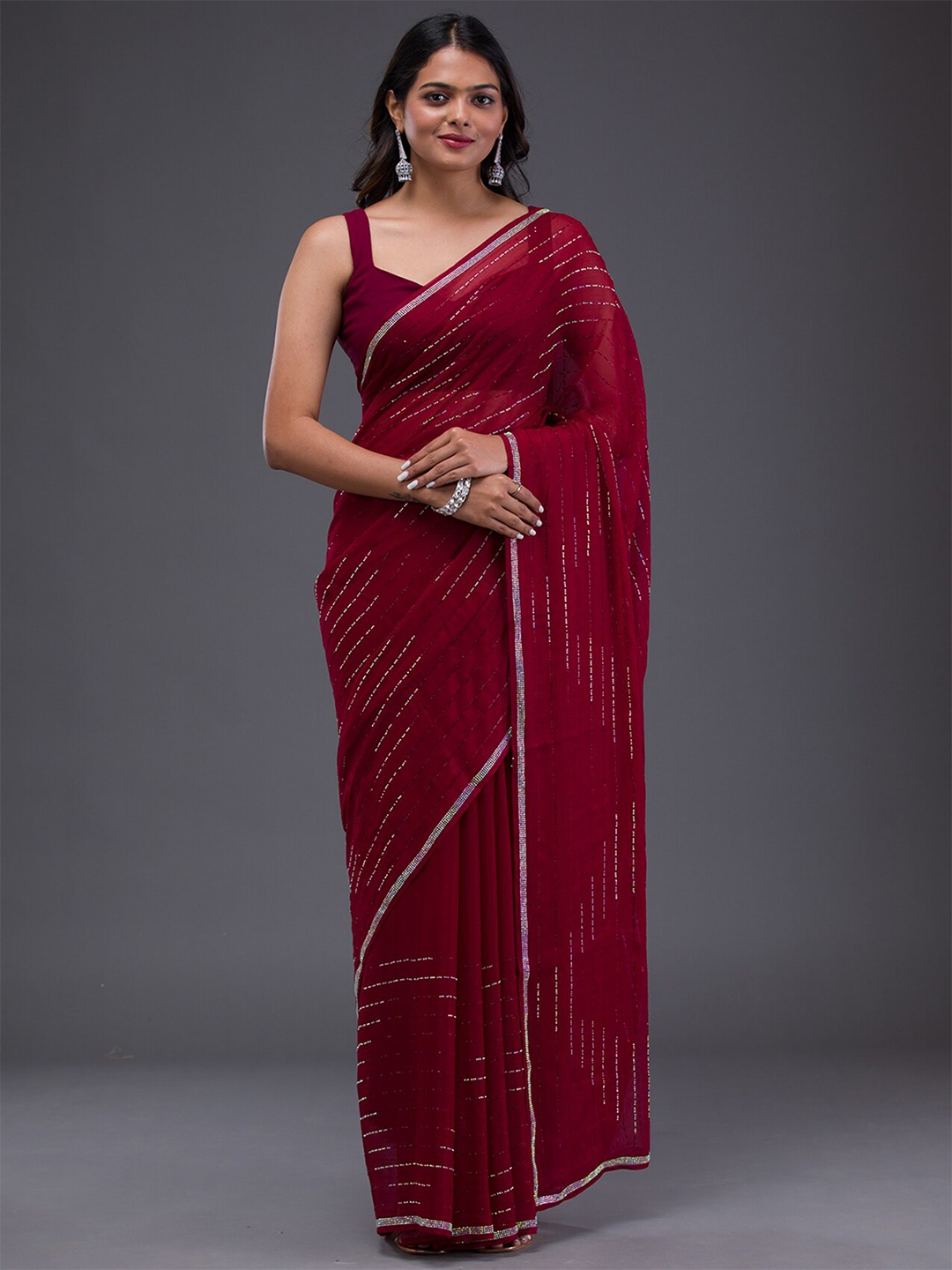 

Koskii Embellished Beads and Stones Satin Saree, Red