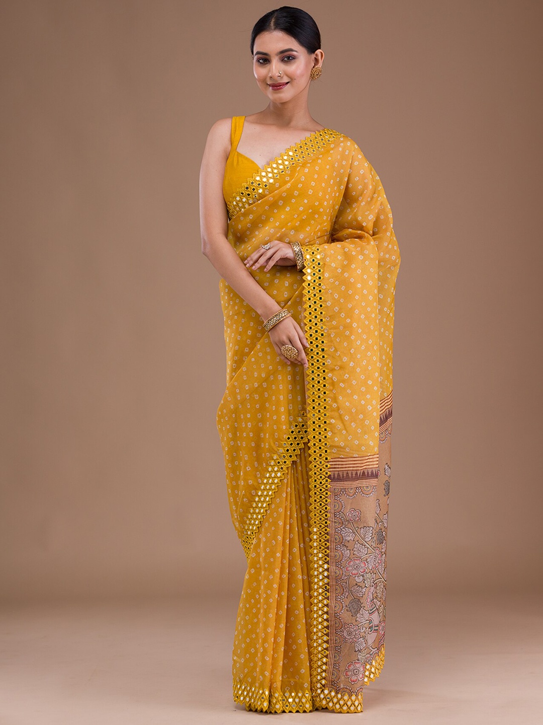 

Koskii Bandhani Mirror Work Satin Saree, Yellow