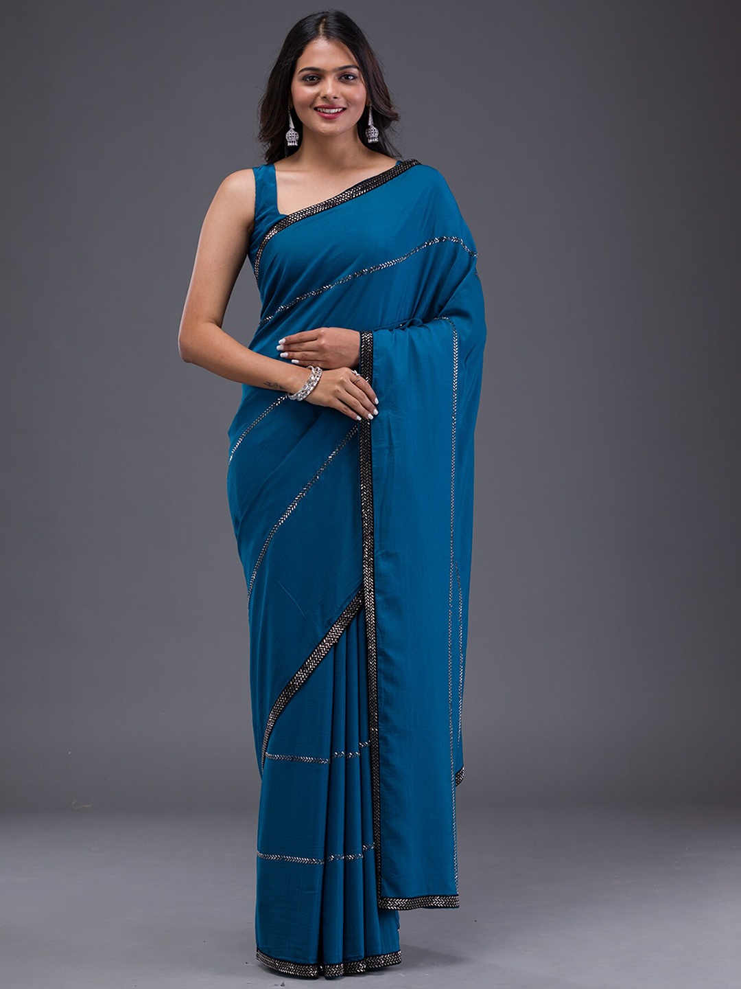 

Koskii Embellished Beads and Stones Satin Saree, Blue