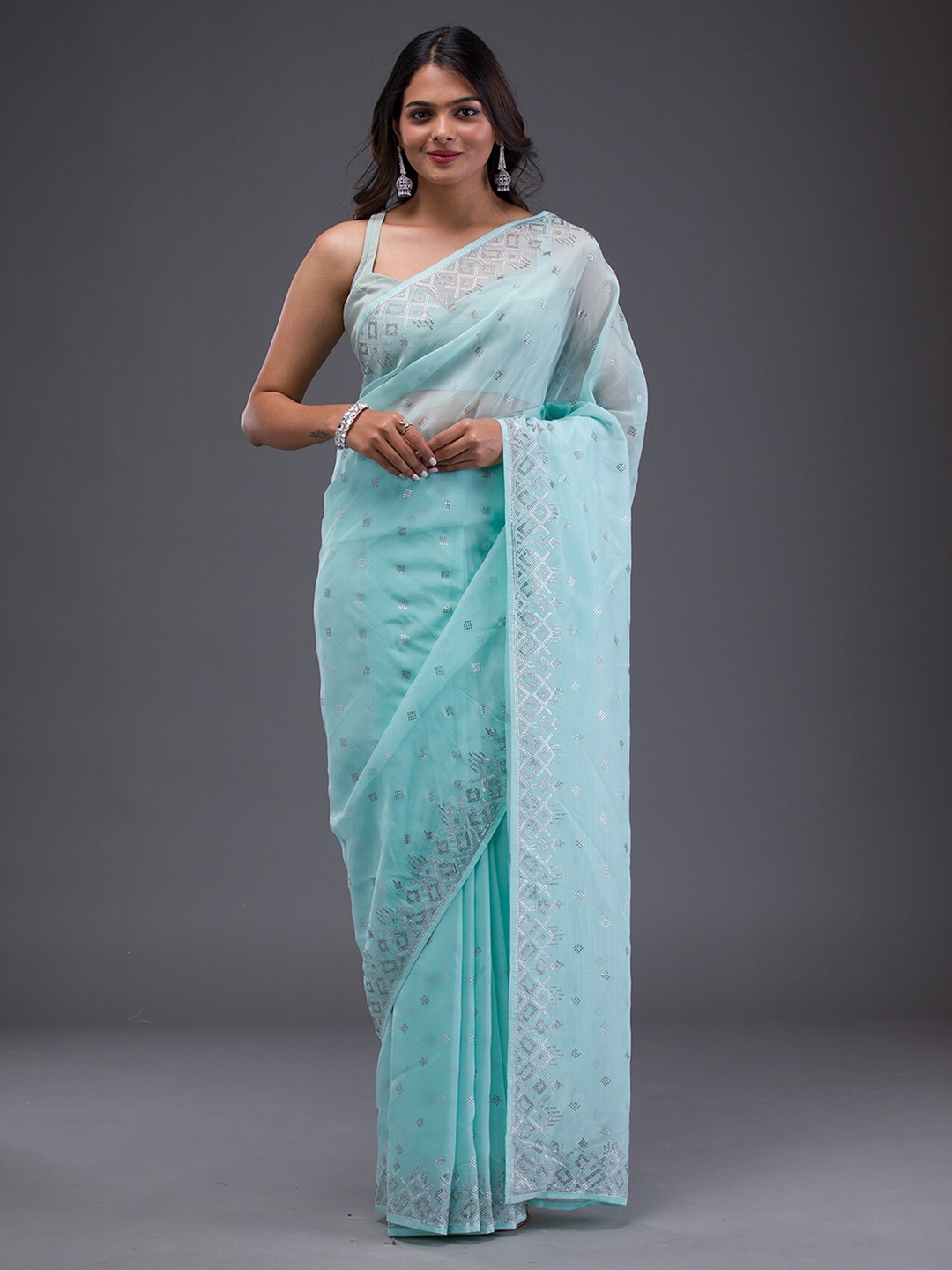 

Koskii Embellished Beads and Stones Satin Saree, Blue