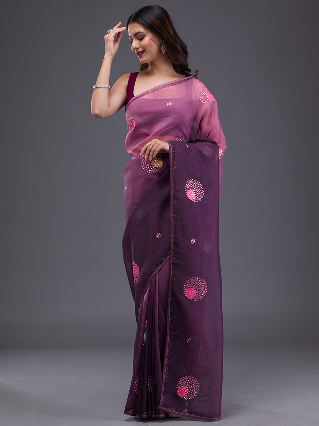 

Koskii Embellished Beads and Stones Satin Saree, Purple