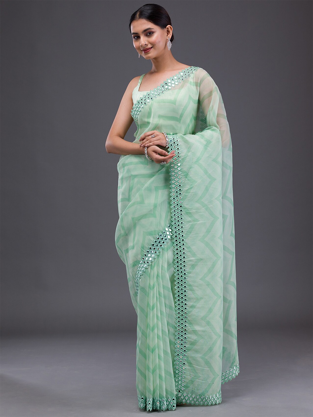 

Koskii Striped Mirror Work Satin Saree, Green