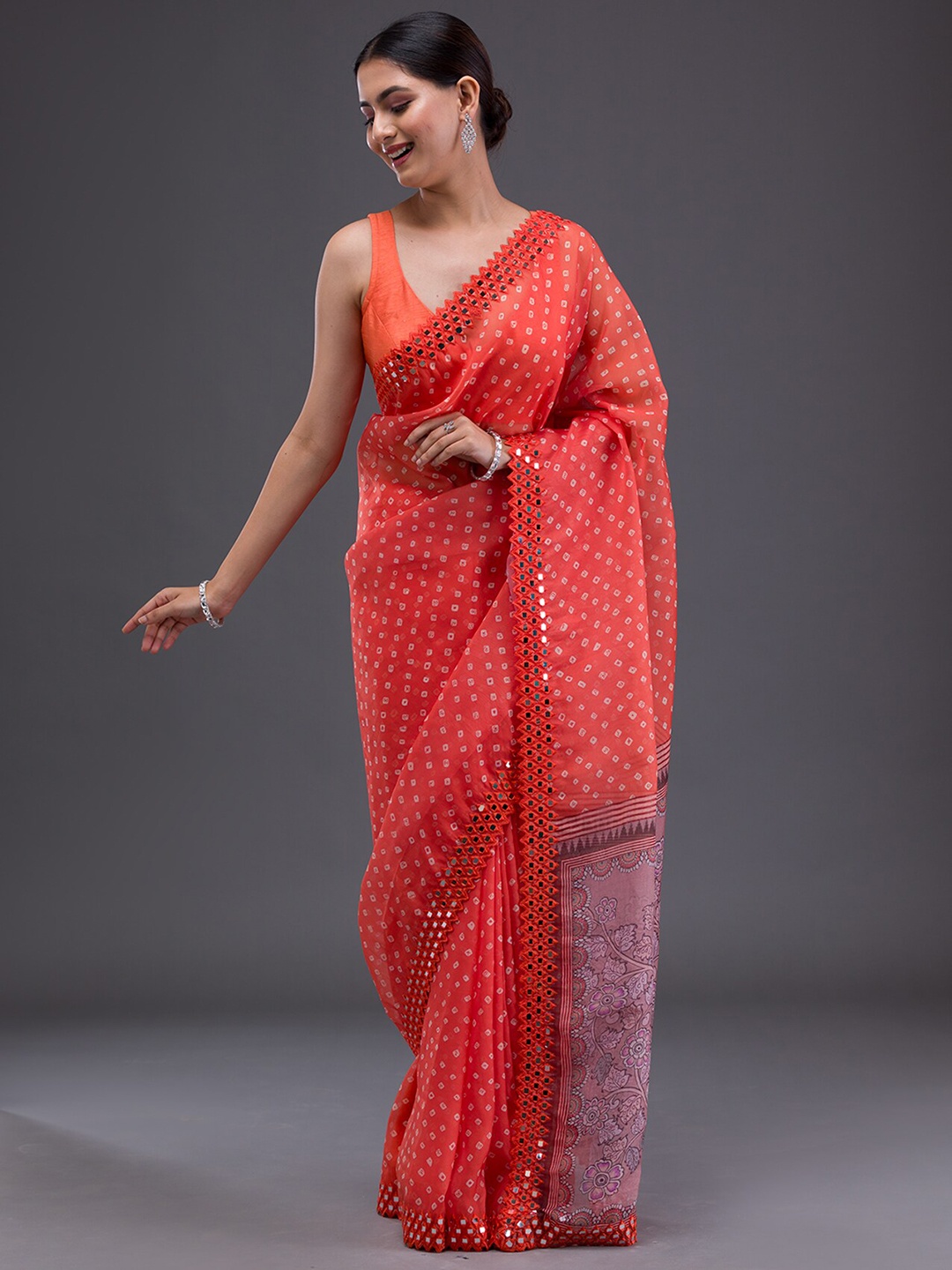 

Koskii Bandhani Mirror Work Satin Saree, Orange