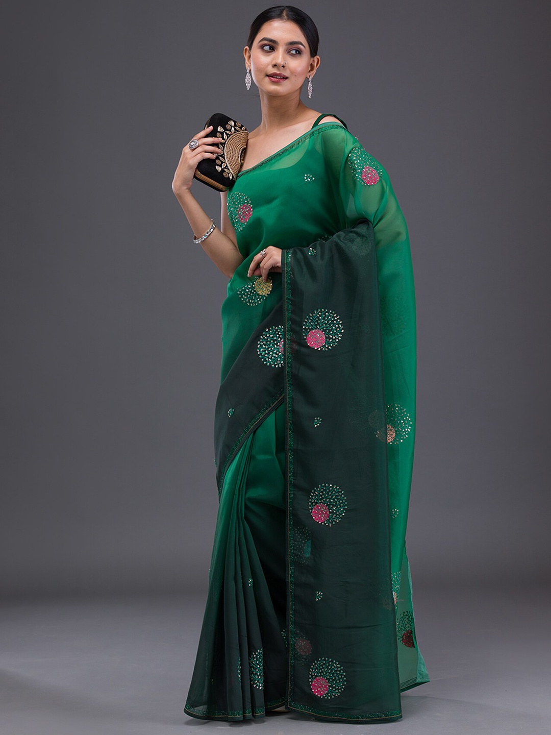 

Koskii Embellished Beads and Stones Satin Saree, Green