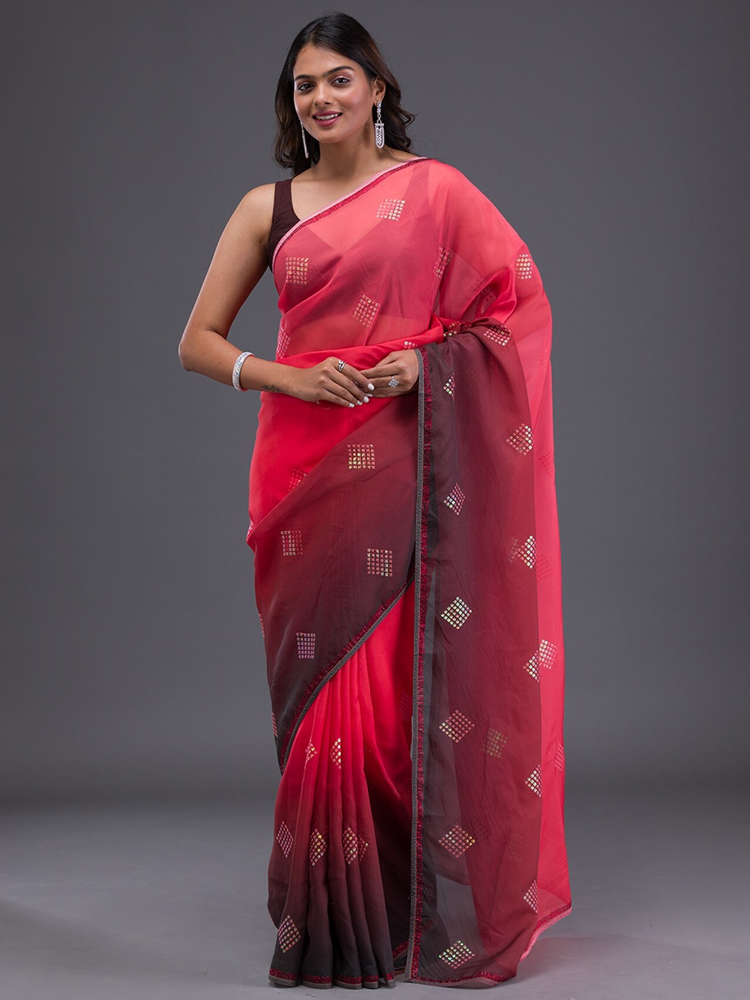 

Koskii Embellished Beads and Stones Satin Saree, Red