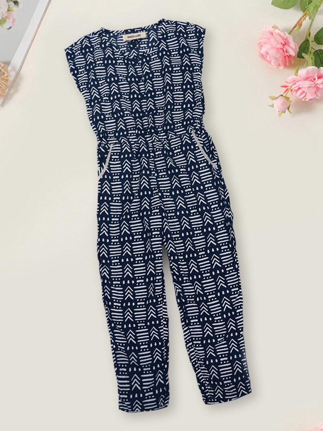 

INCLUD Girls Long Leg Printed Sleeveless Cotton Basic Jumpsuit, Navy blue