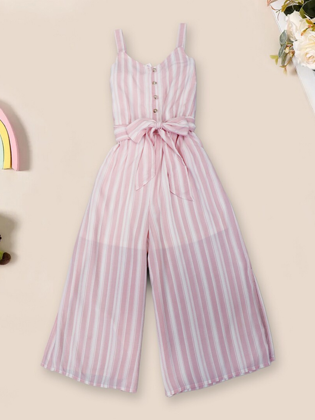 

INCLUD Girls Striped Sleeveless Belted Cotton Basic Jumpsuit, Peach