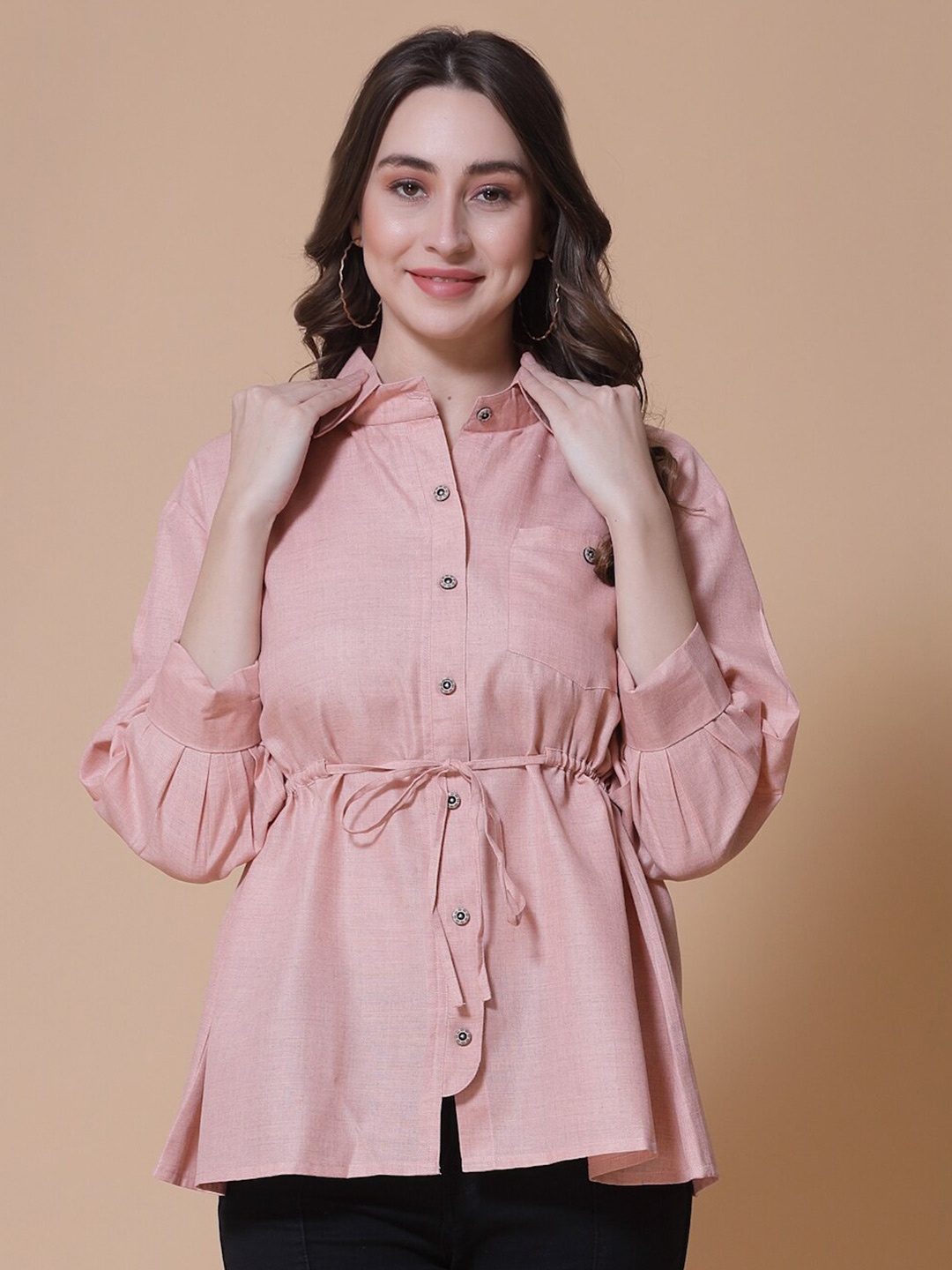 

SEVEN FLOWER Linen Chambray Shirt Style Top, Peach