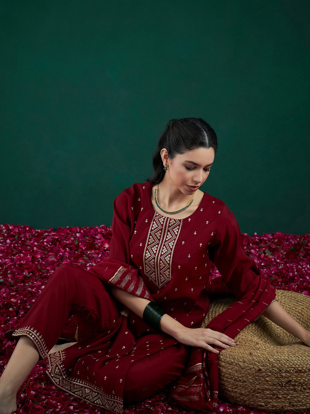 

Indo Era Embroidered Regular Sequinned Chanderi Silk Kurta With Trousers & Dupatta, Maroon