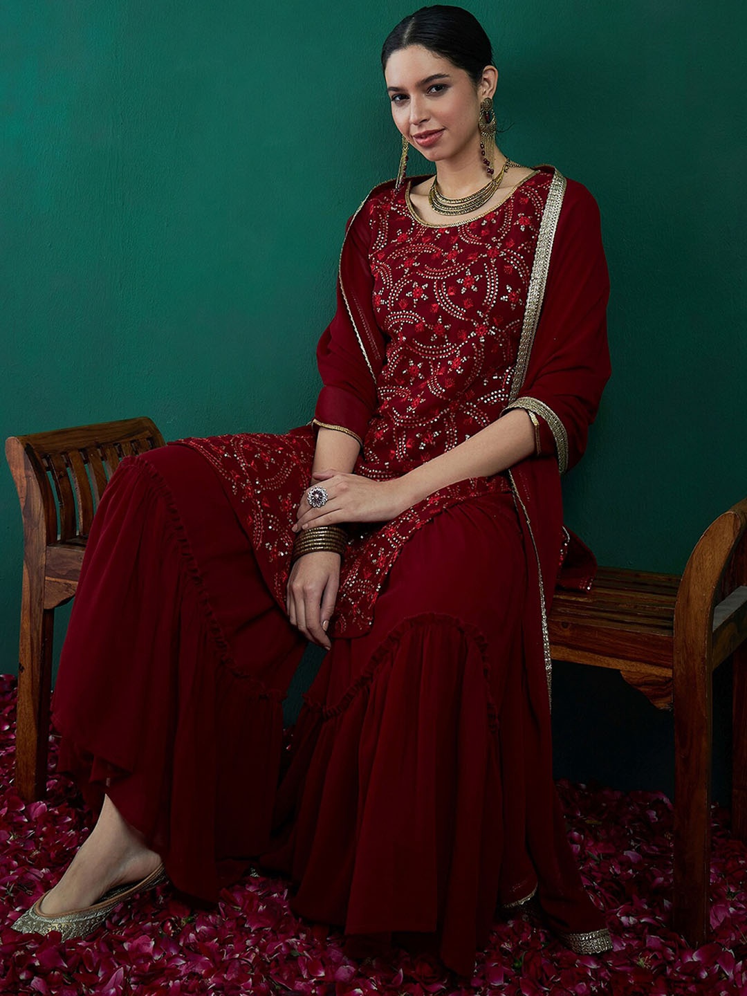 

Indo Era Ethnic Motifs Embroidered Sequinned Georgette Kurta With Sharara & Dupatta, Maroon