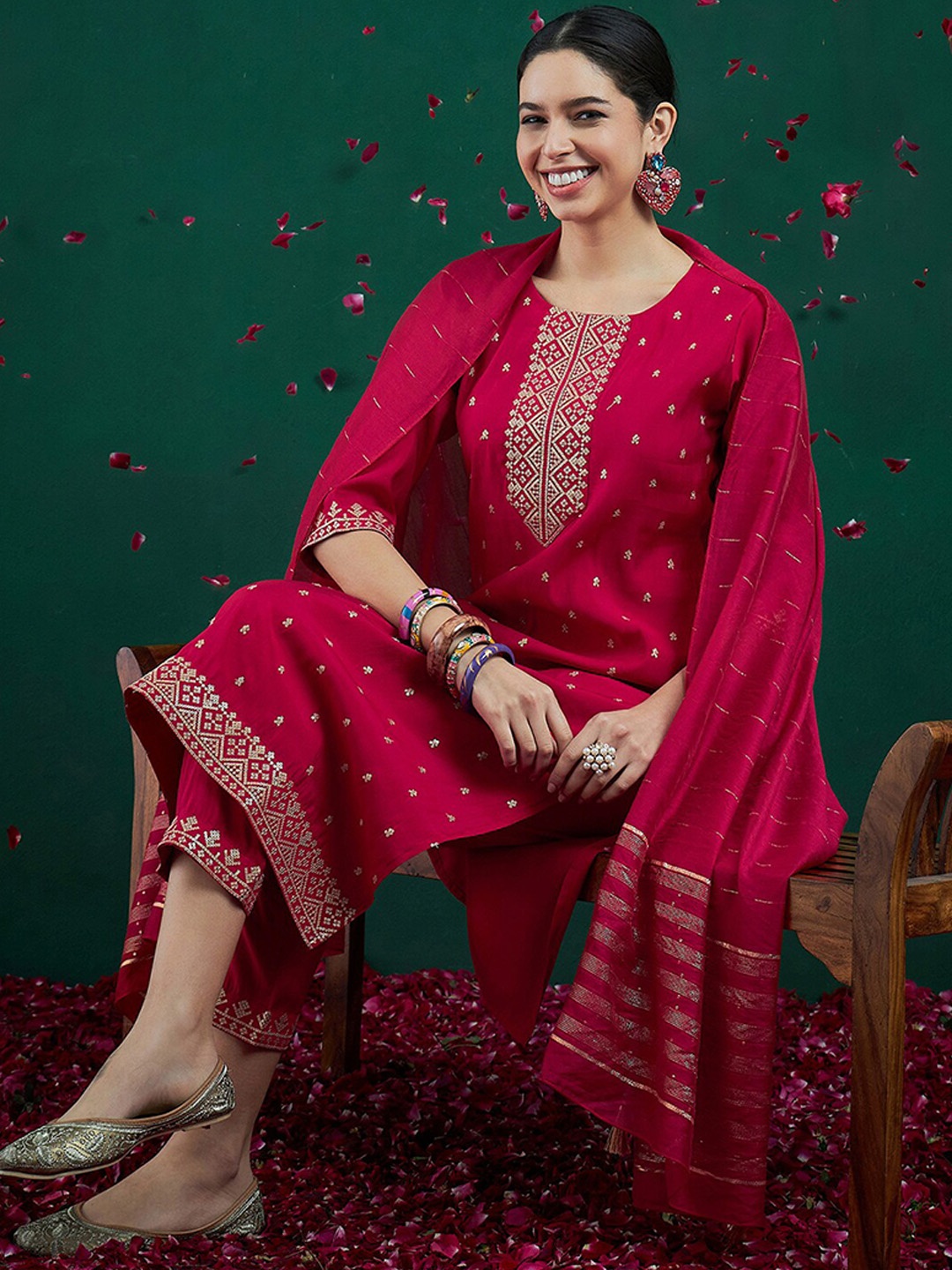 

Indo Era Embroidered Sequinned Chanderi Silk Straight Kurta With Trousers & Dupatta, Magenta