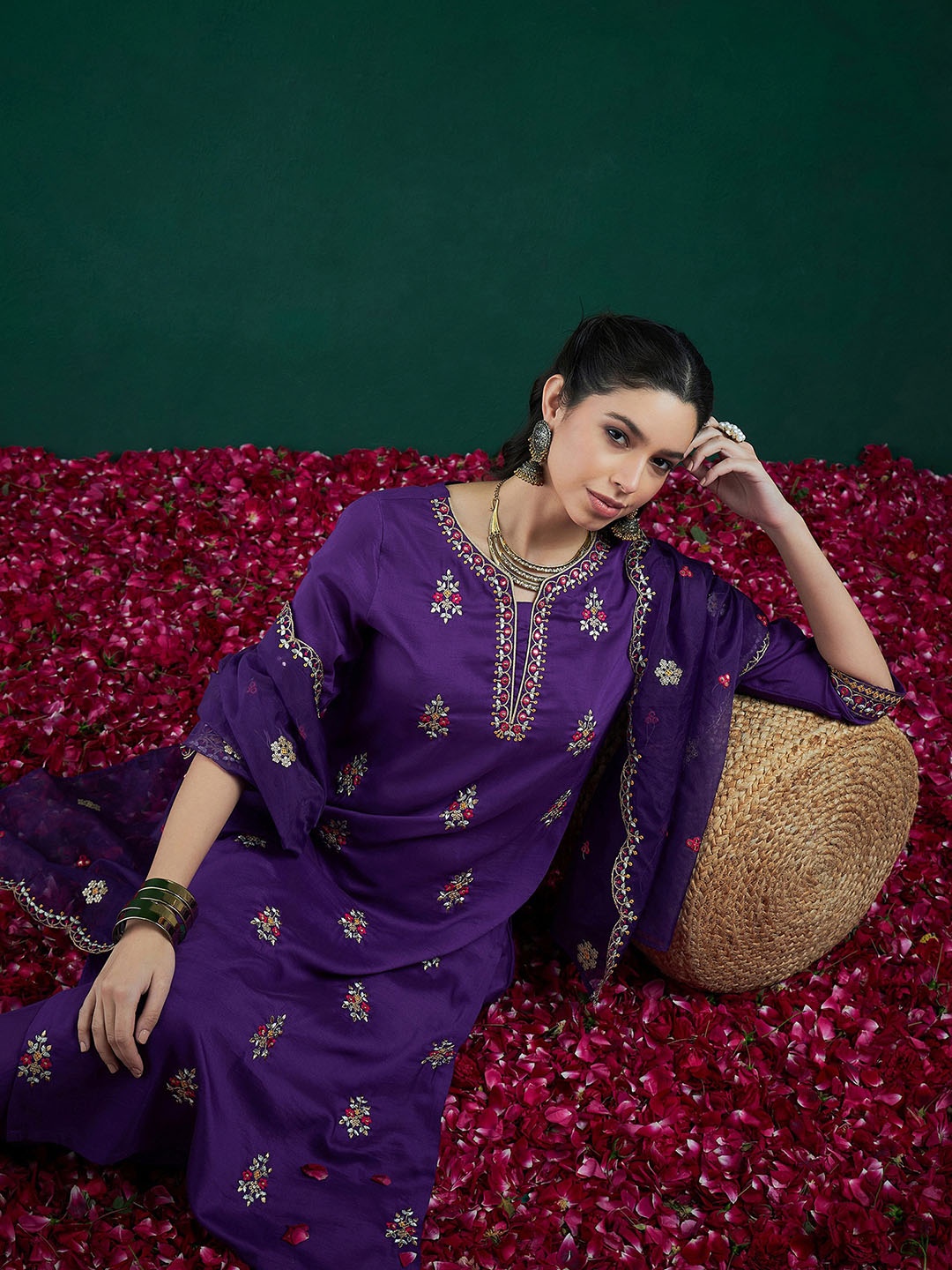 

Indo Era Floral Embroidered Straight Kurta With Trousers & Dupatta, Purple