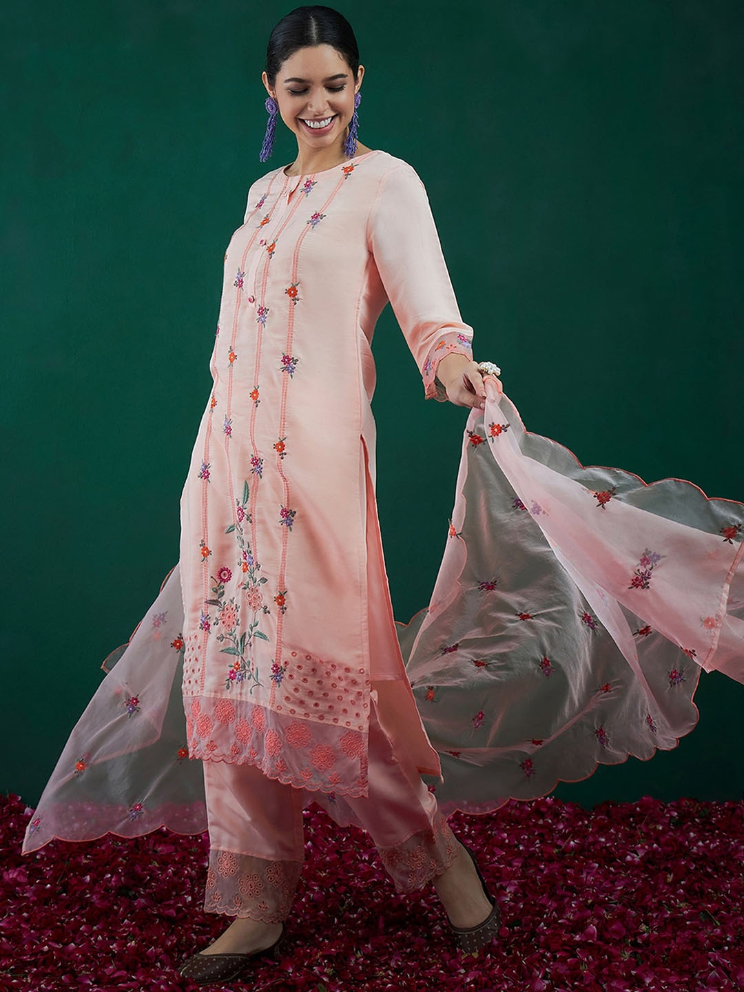 

Indo Era Floral Embroidered Regular Thread Work Kurta With Trousers & Dupatta, Peach