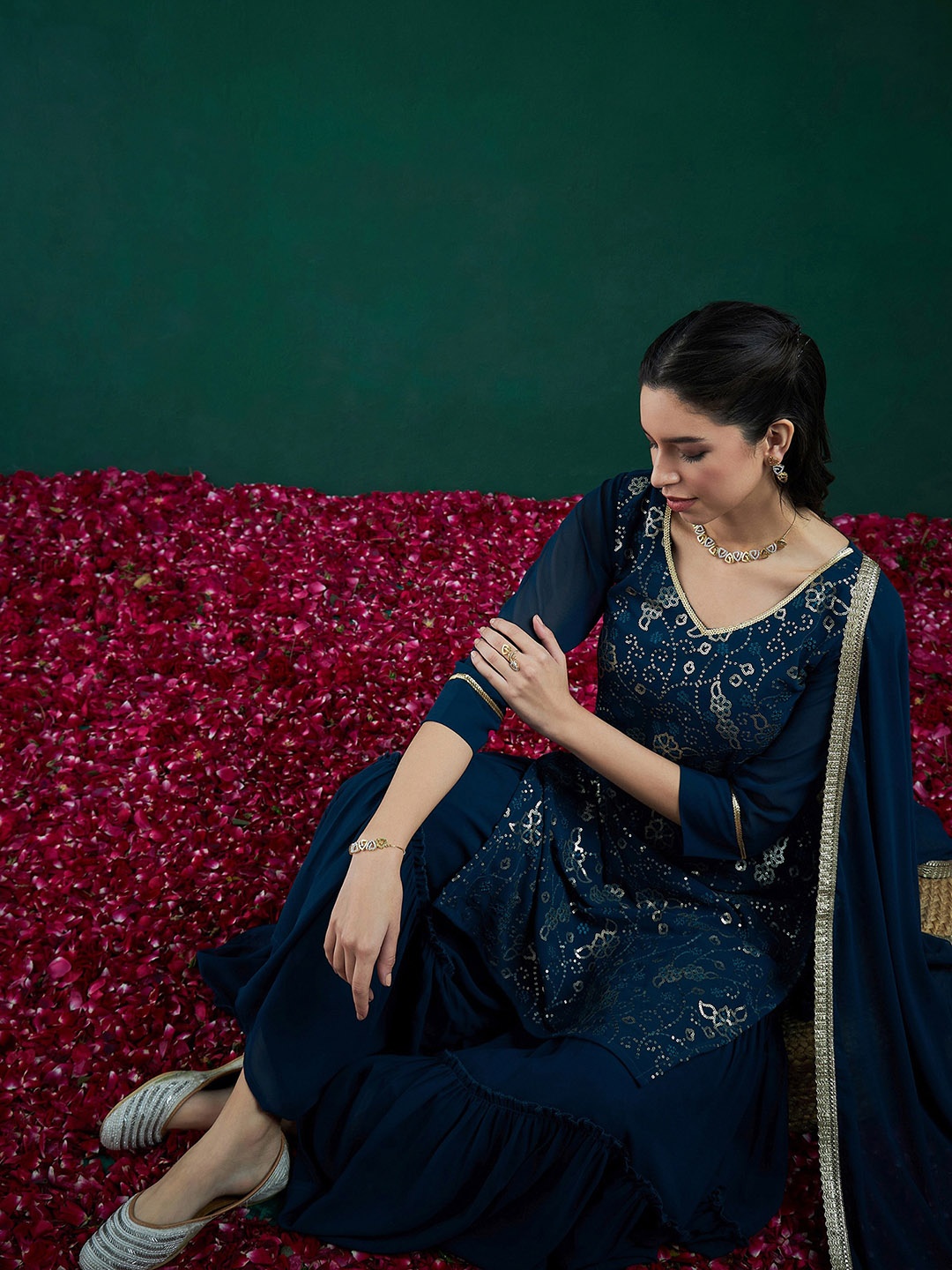 

Indo Era Floral Embroidered Regular Sequinned Kurta With Sharara & Dupatta, Teal