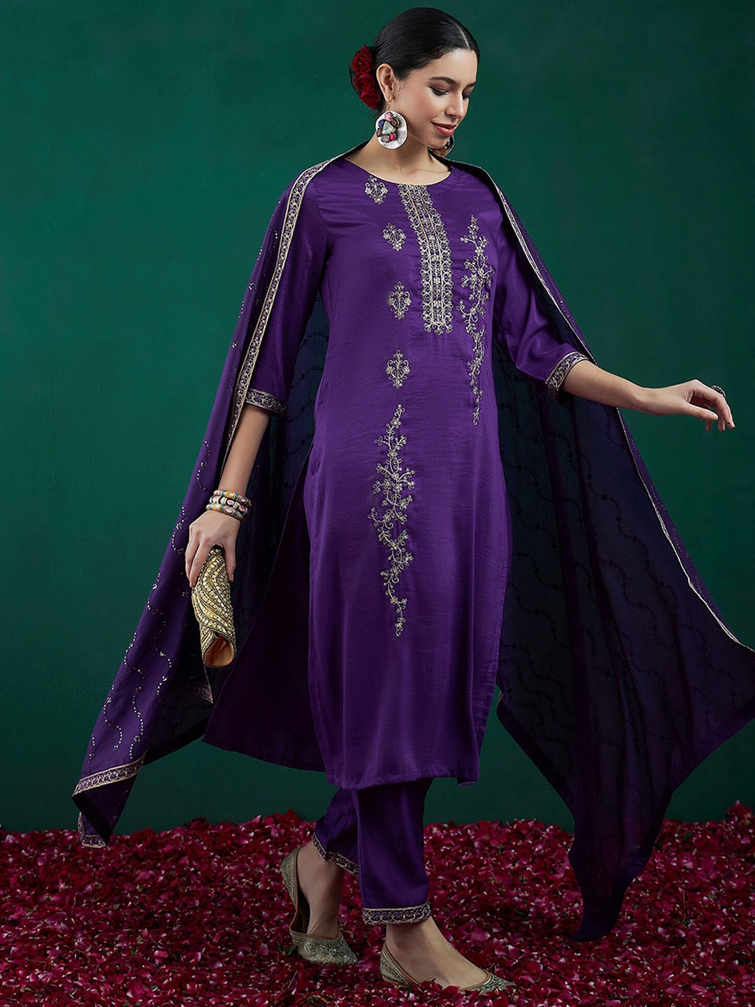 

Indo Era Floral Embroidered Regular Thread Work Kurta With Trousers & Dupatta, Purple