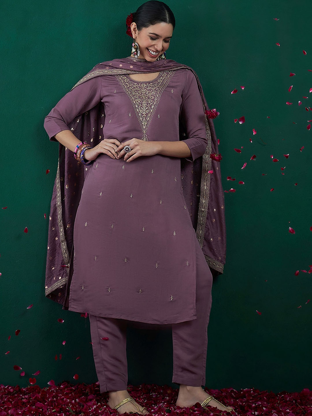 

Indo Era Floral Embroidered Straight Kurta With Trousers & Dupatta, Mauve
