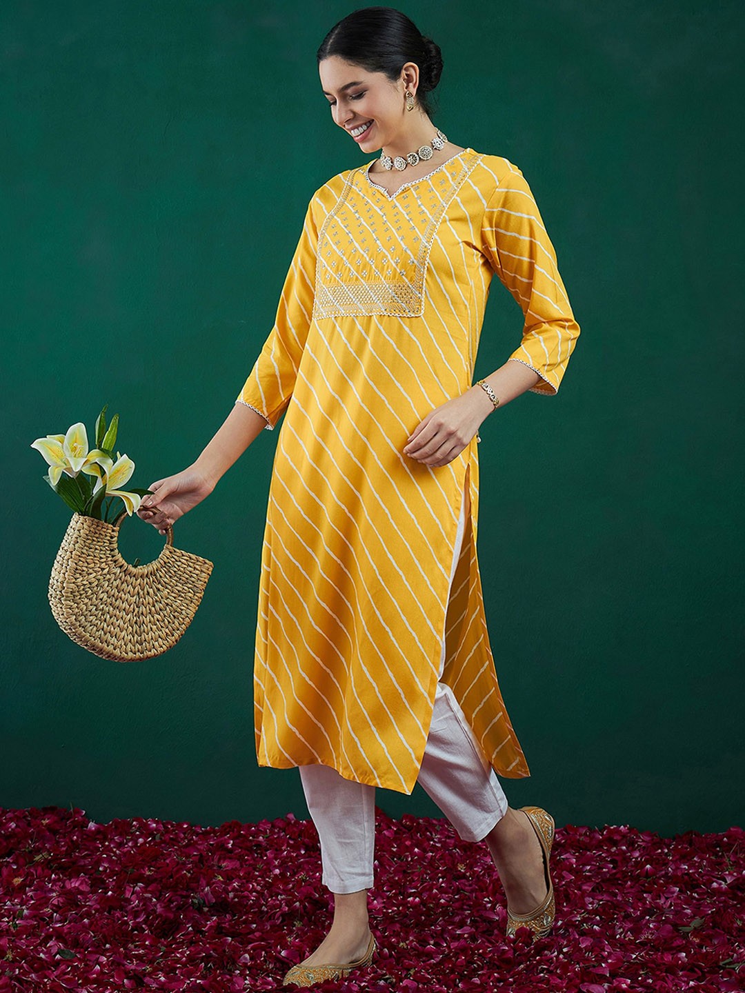 

Indo Era Women Yoke Design Indie Prints Anarkali Kurta, Yellow