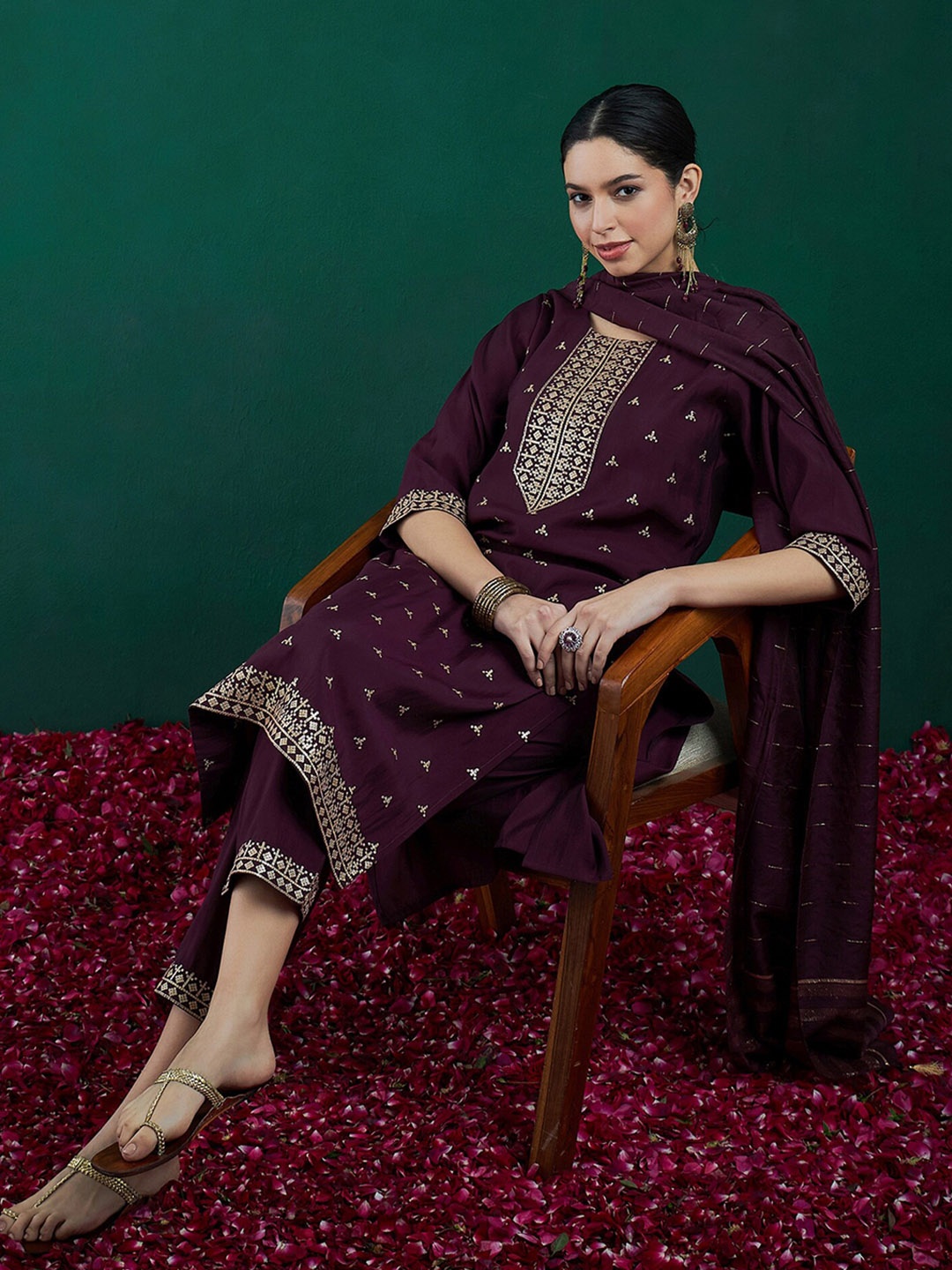 

Indo Era Ethnic Embroidered Sequinned Chanderi Silk Kurta with Trousers & Dupatta, Burgundy