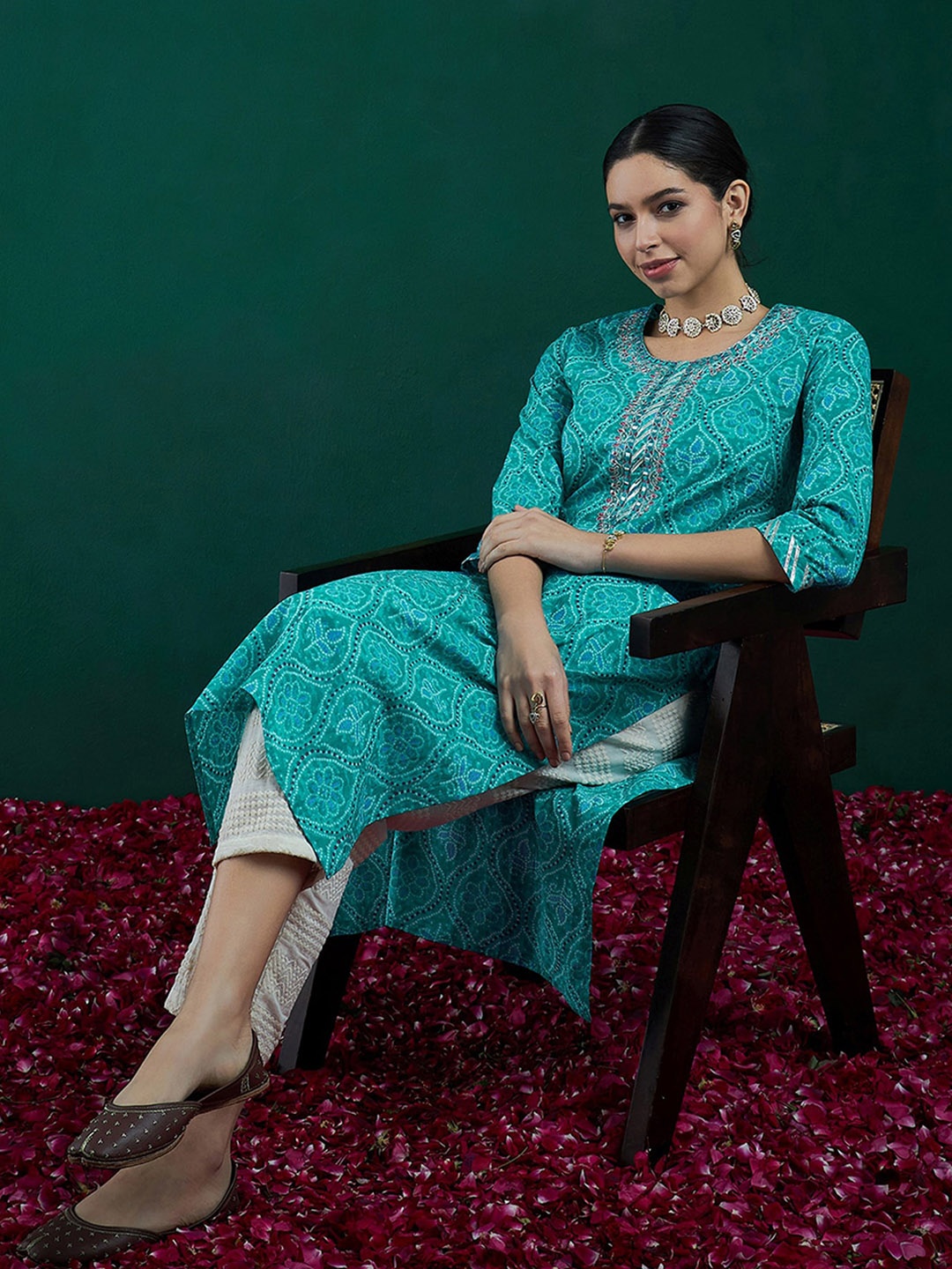 

Indo Era Ethnic Motifs Printed Thread Work Cotton Straight Kurta, Sea green